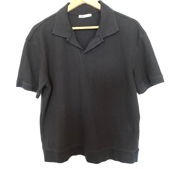 Zara Shirt Mens Large Black Ribbed Knit Collared Short Sleeve Polo Open Collar - Picture 1 of 6